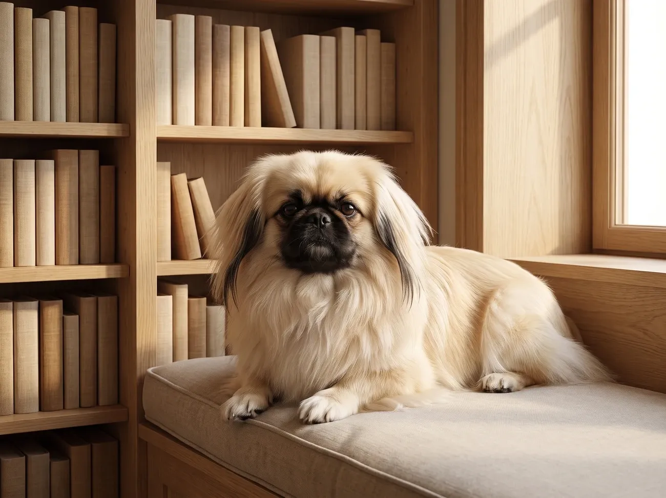 Pekingese, a cream adult with a black mask lying on a stone cushion in a timber reading nook