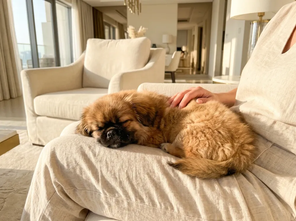 Pekingese, a sable puppy asleep in a pet parent's lap in a bright living room