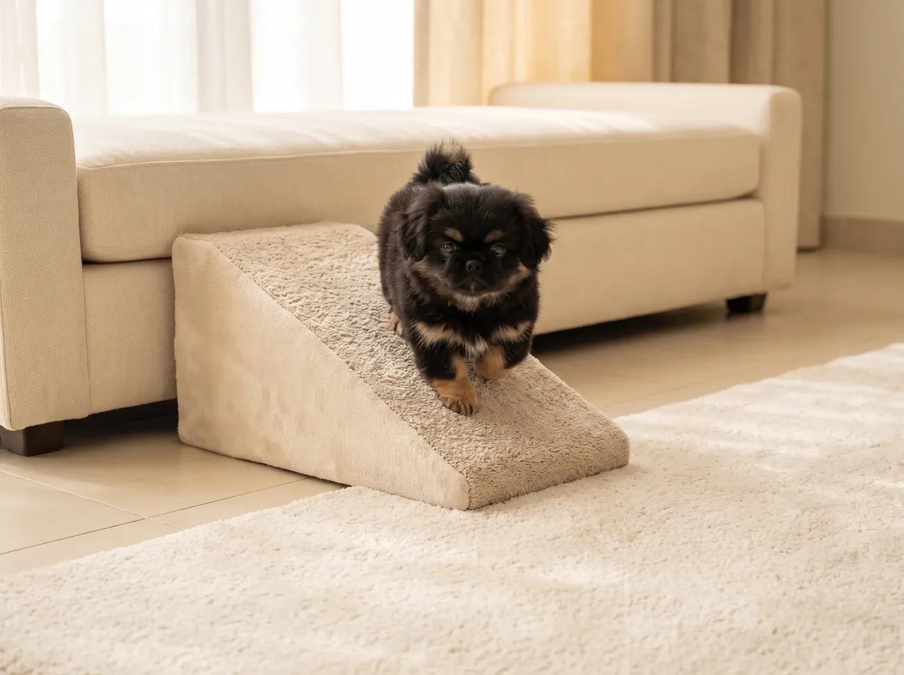 Pekingese, a black and tan puppy on a small carpeted ramp beside a low cream daybed