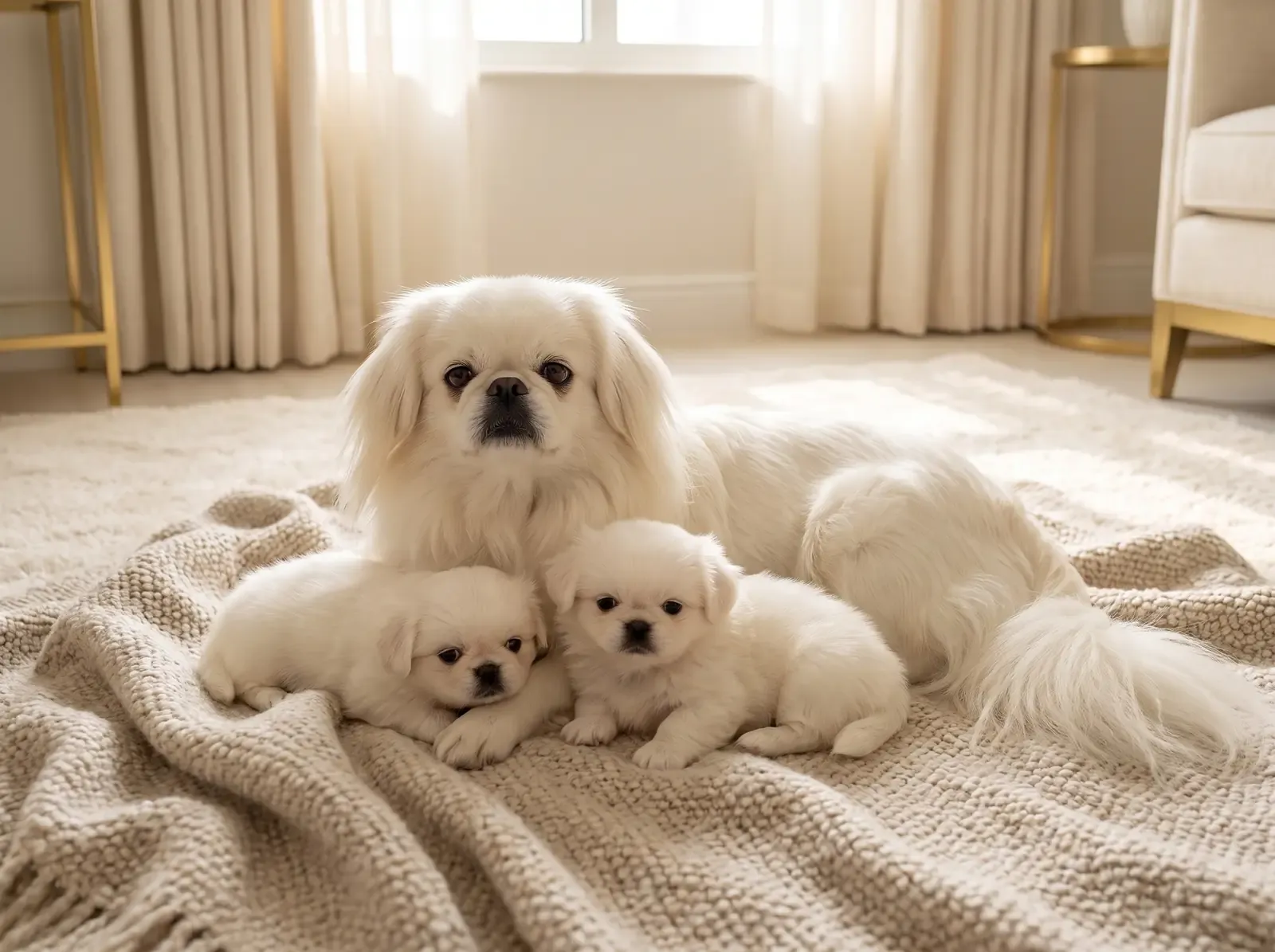 Pekingese, a white mother lying with two white puppies on a soft oatmeal blanket