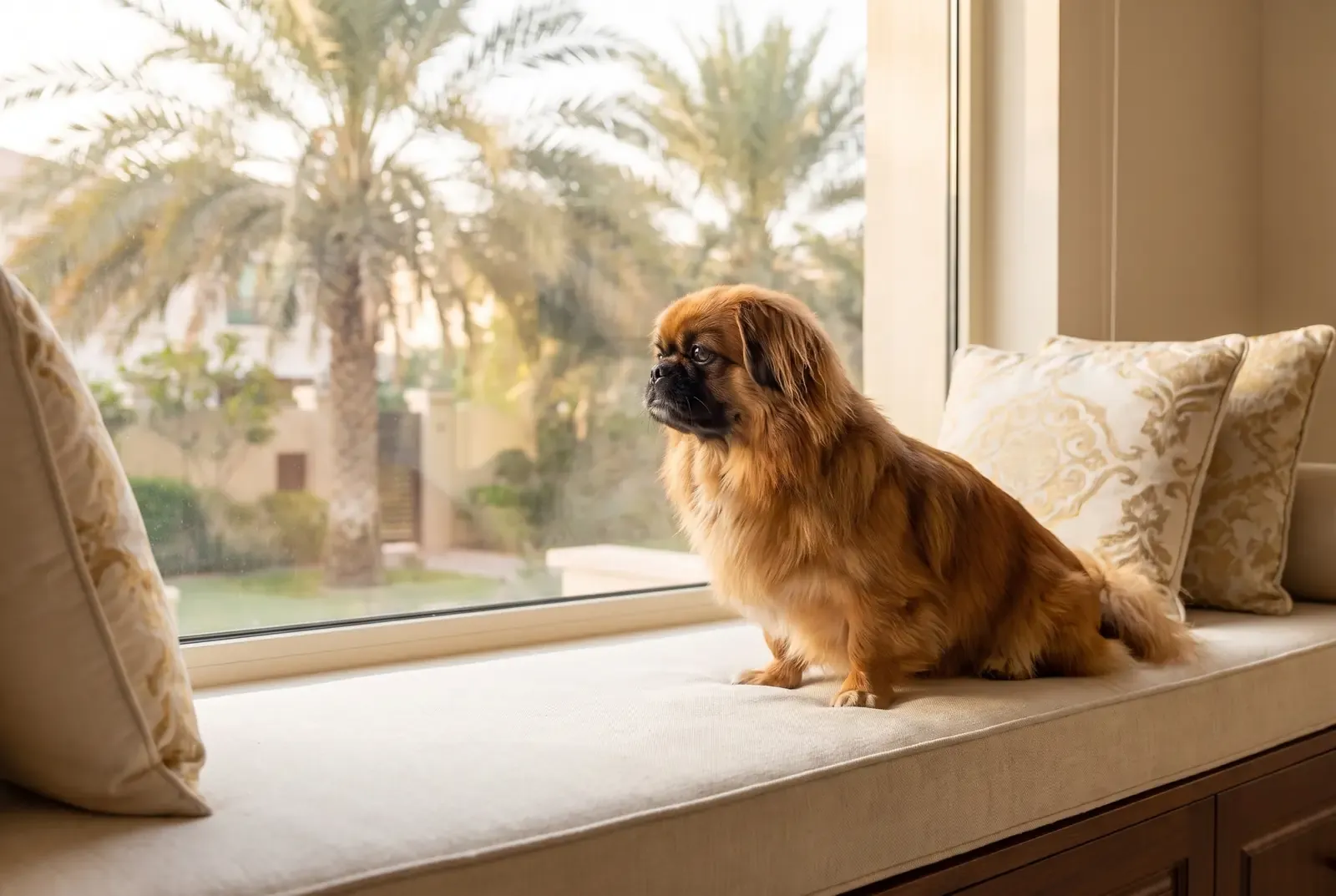 Pekingese history, a red adult in side profile with the short visible muzzle asked for since 2008, Dubai, 2026