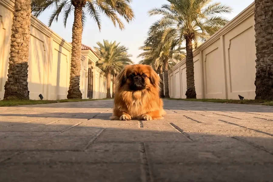 Pekingese history, the breed today, a red adult on a palm-lined villa path, Dubai, 2026