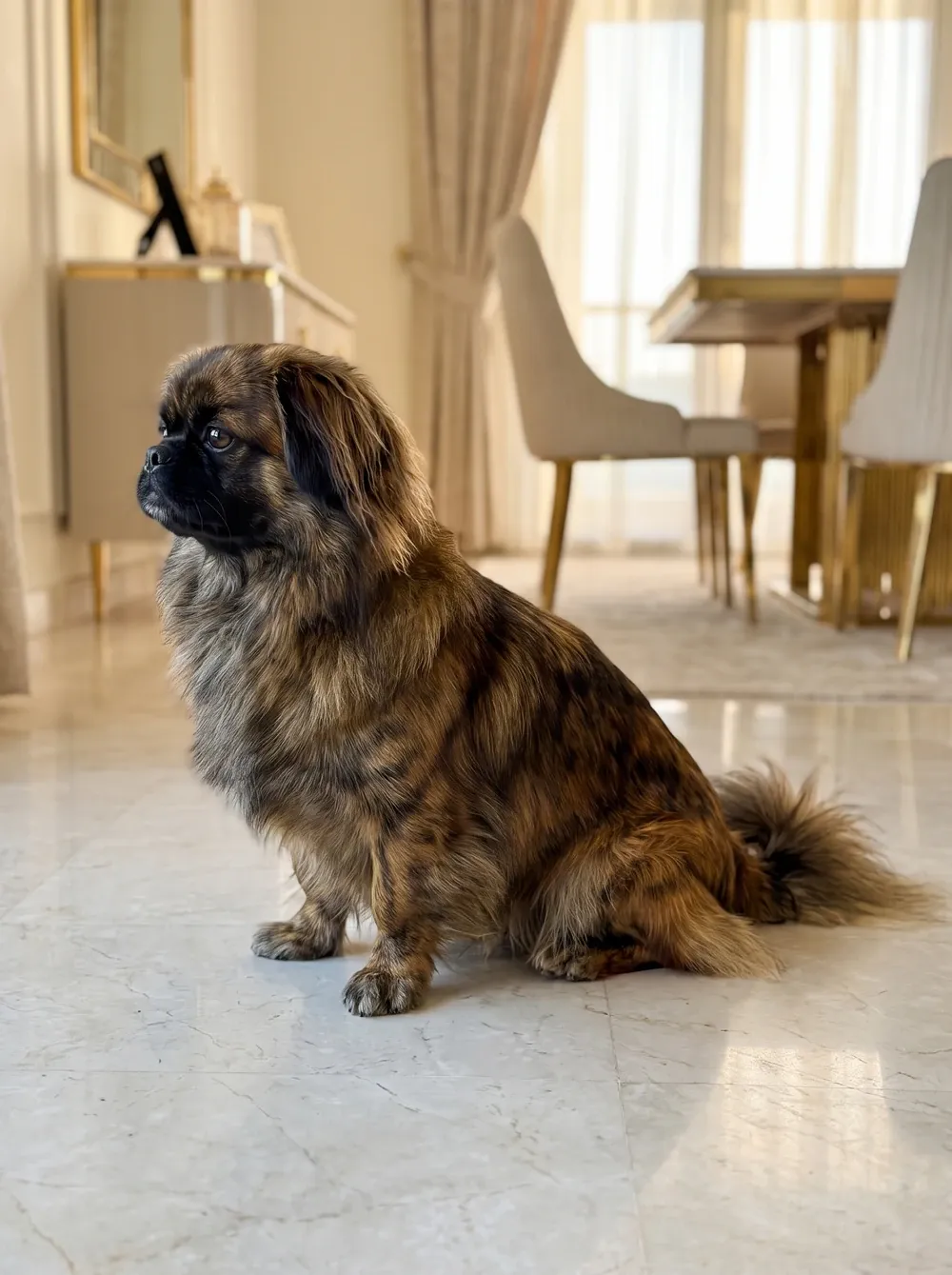 Pekingese, sitting on a marble floor in a calm dining room