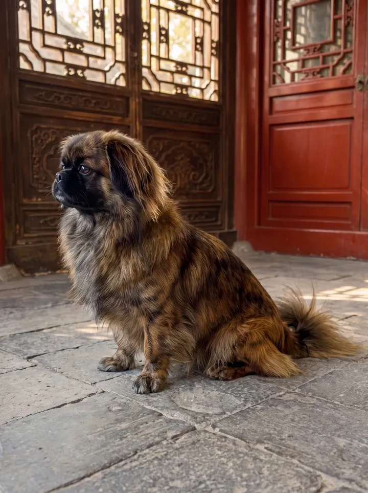 Pekingese, sitting on worn stone before carved red palace doors
