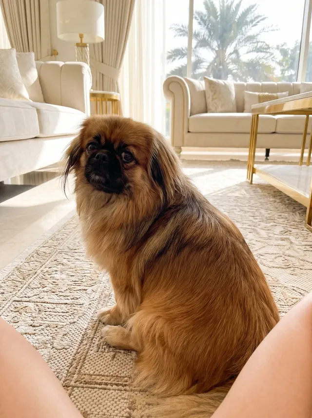 Pekingese in Dubai, a sable adult on a woven rug looking back over one shoulder at their person