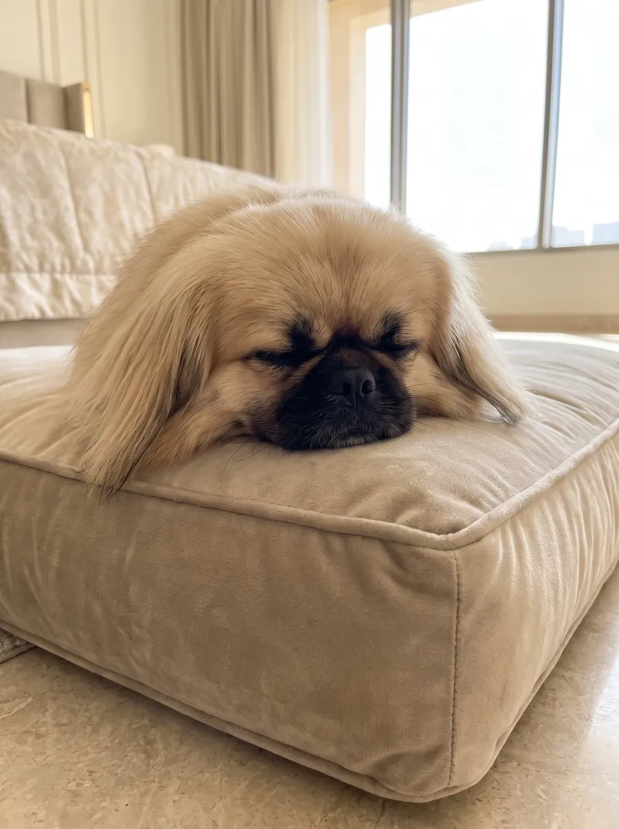Pekingese, a pale fawn adult asleep with their chin on a velvet floor cushion