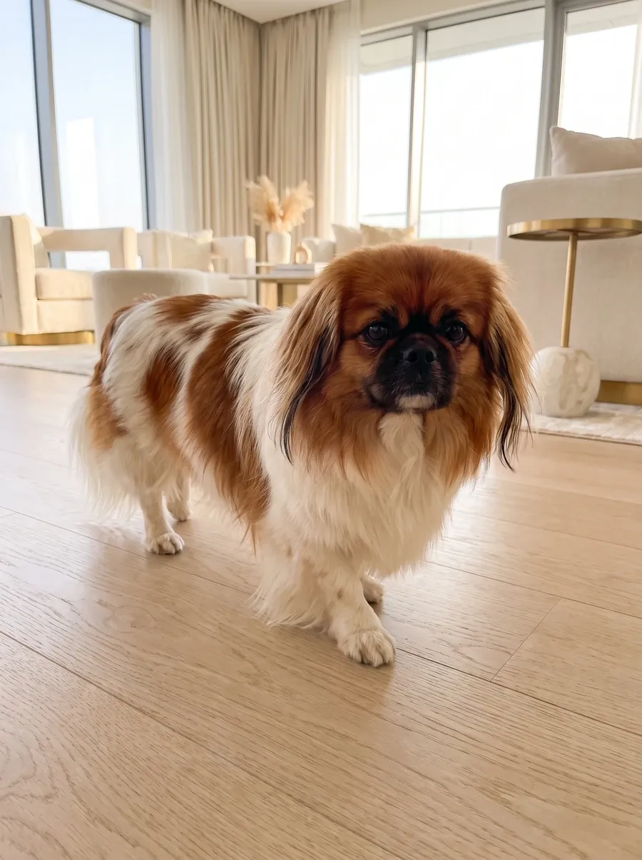 Pekingese, a red and white adult walking across a pale oak floor in a bright living room