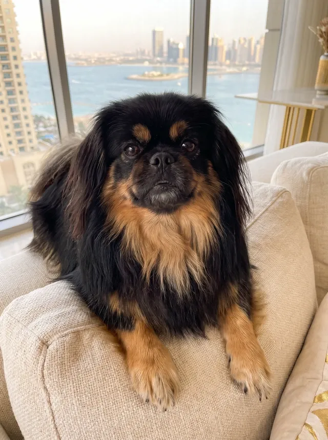 Pekingese in Dubai, a black and tan adult on a cream sofa cushion with the sea and skyline behind