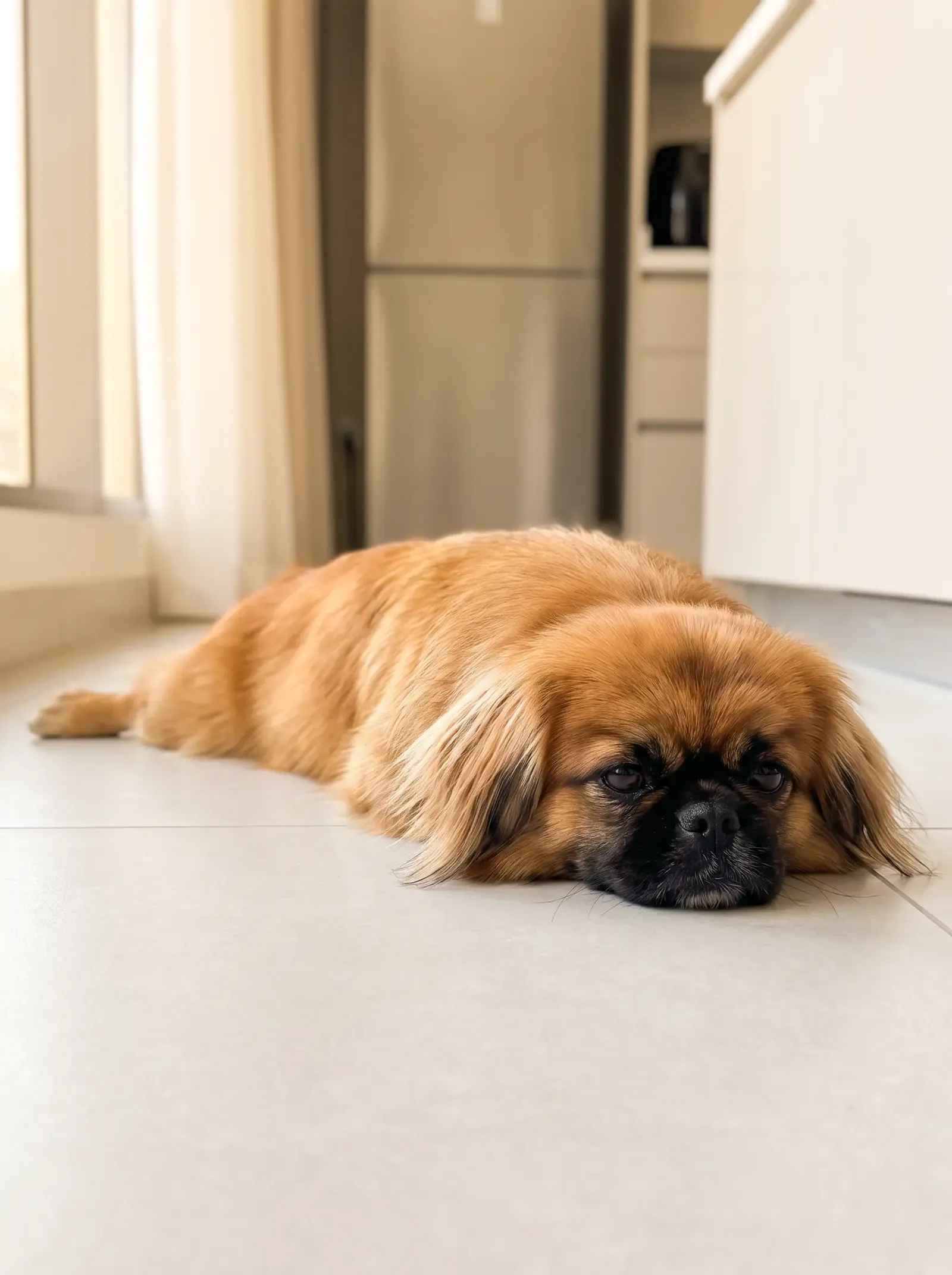 Pekingese, a fawn adult with a black mask lying flat out on cool kitchen tiles