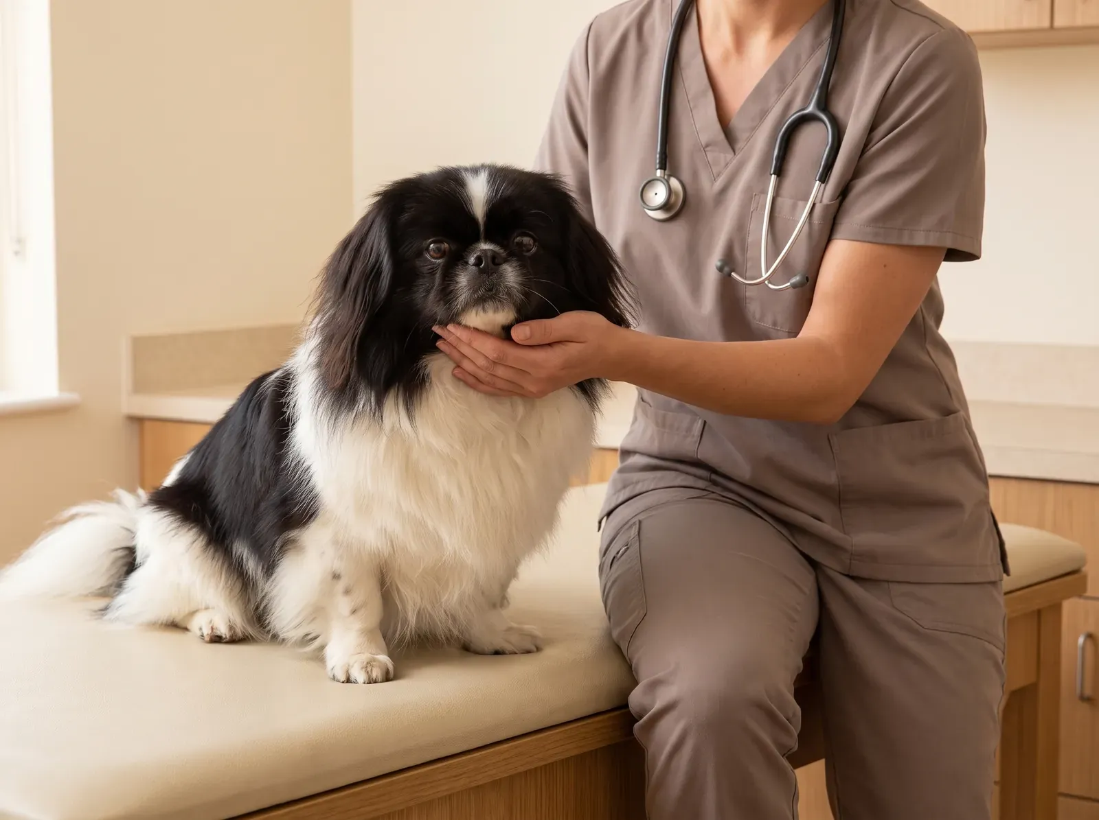 Pekingese, a black and white adult on a padded table as a vet in taupe scrubs holds their chin