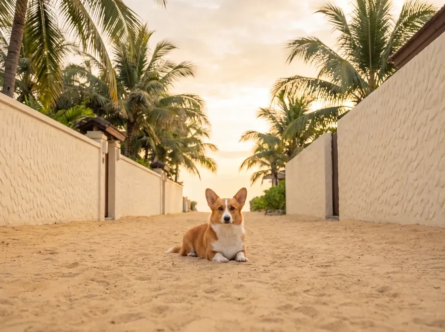 Pembroke Welsh Corgi in Dubai, a red and white adult lying on a palm-lined sandy path between villa walls