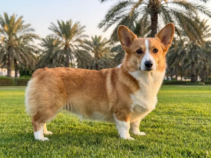 Pembroke Welsh Corgi in Dubai, a red and white adult standing on a park lawn with date palms behind