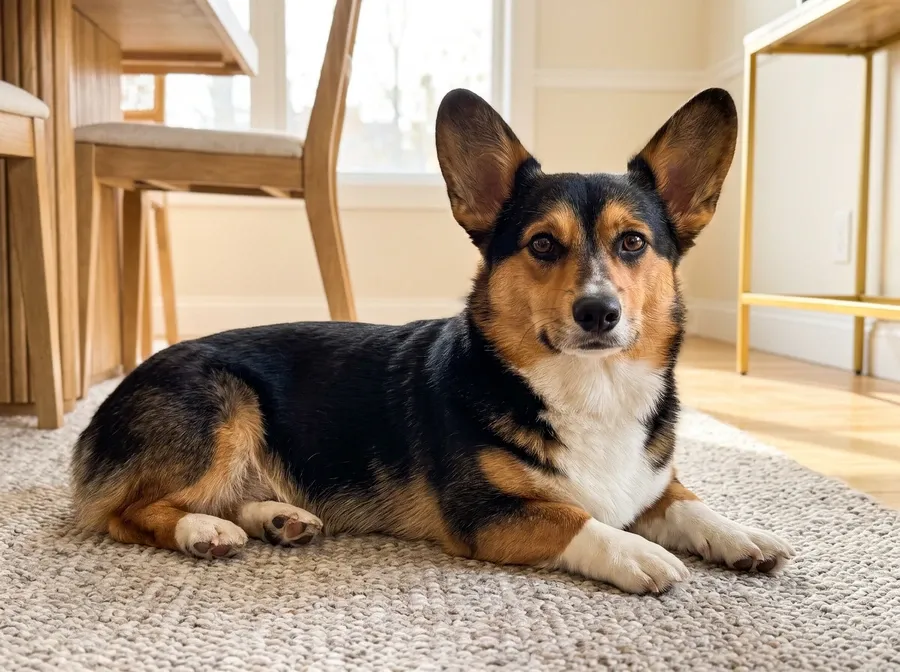 Pembroke Welsh Corgi, a black and tan adult lying on a woven rug in a dining room