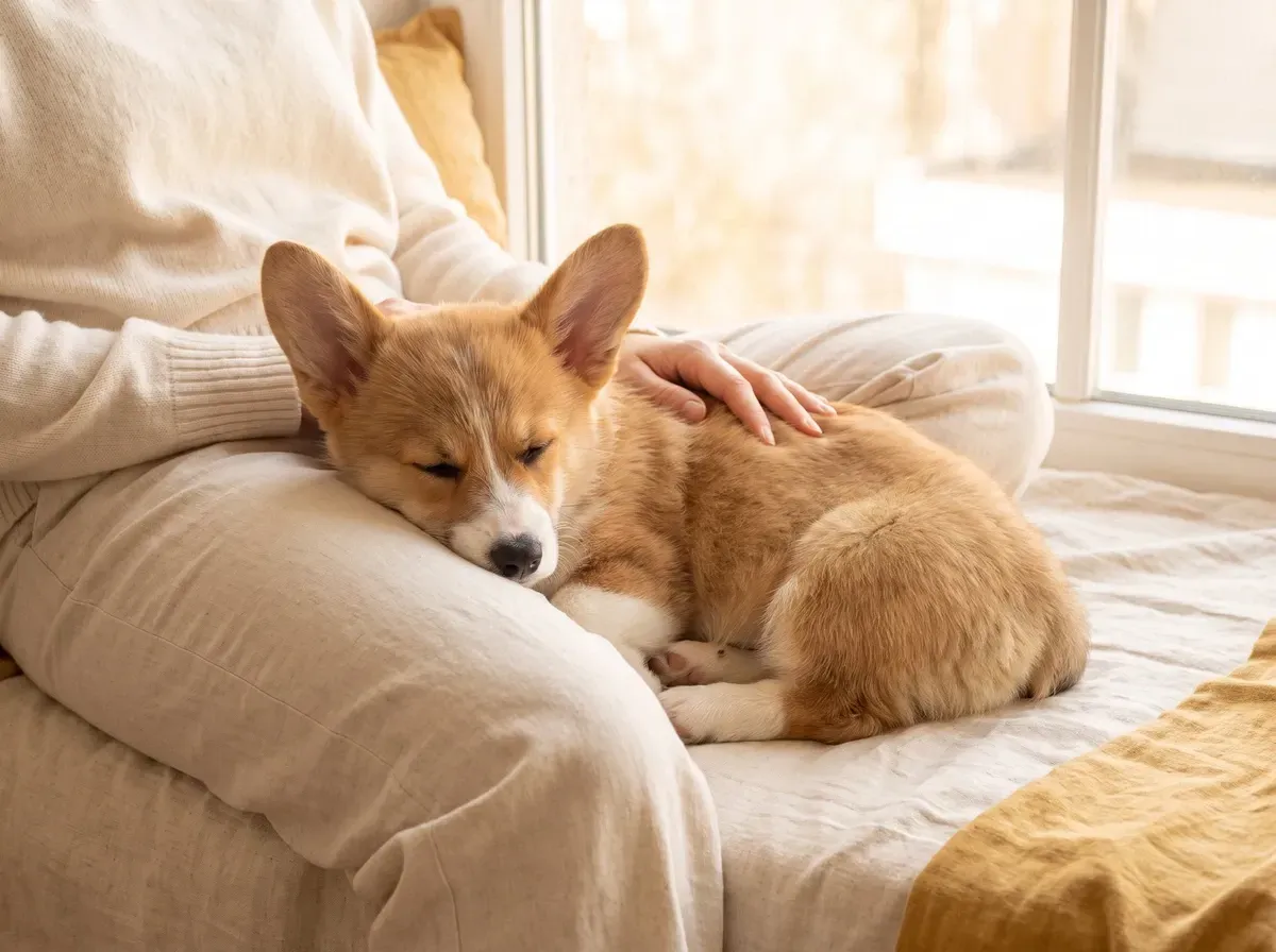 Pembroke Welsh Corgi, a red and white puppy asleep in a pet parent's lap on a daybed by a window
