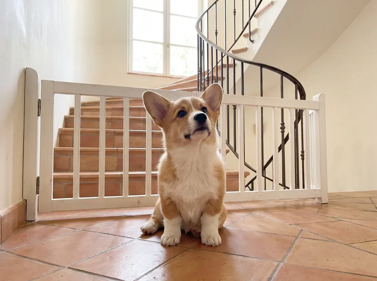 Pembroke Welsh Corgi, a puppy sitting on terracotta tiles by a gated staircase