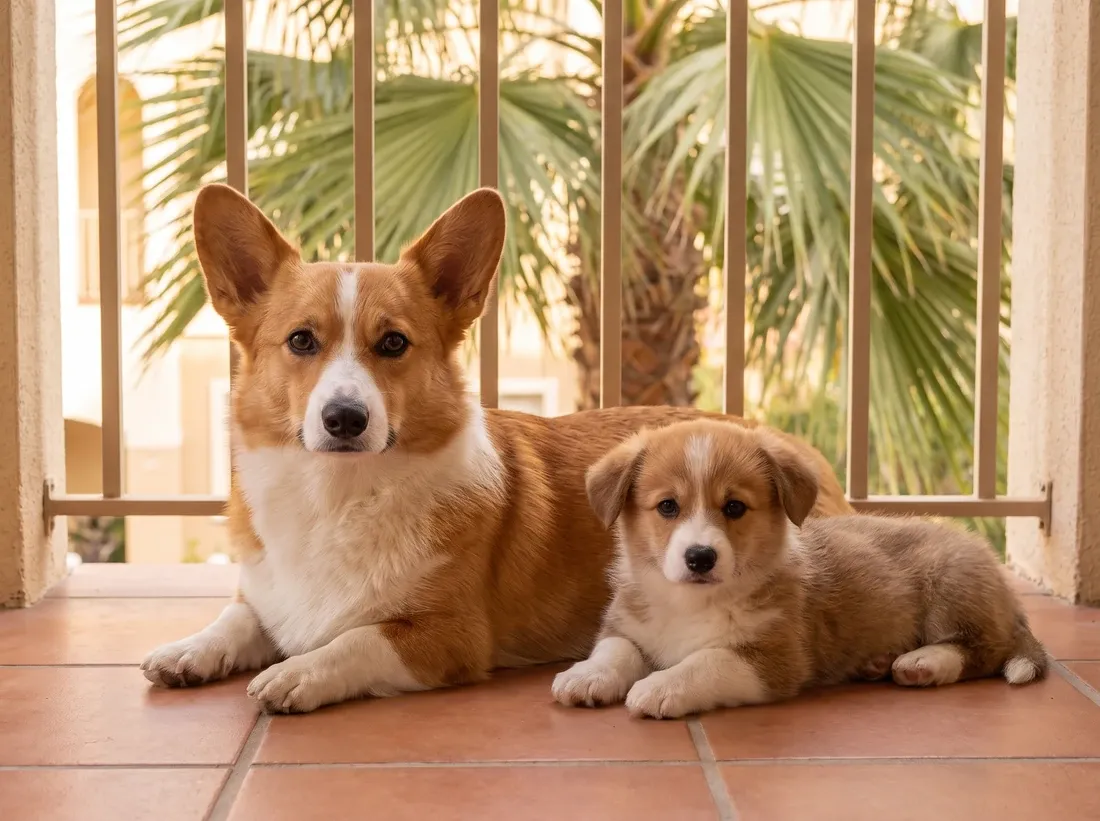 Pembroke Welsh Corgi in Dubai, a mother lying with a puppy on a shaded balcony, palms beyond the railing