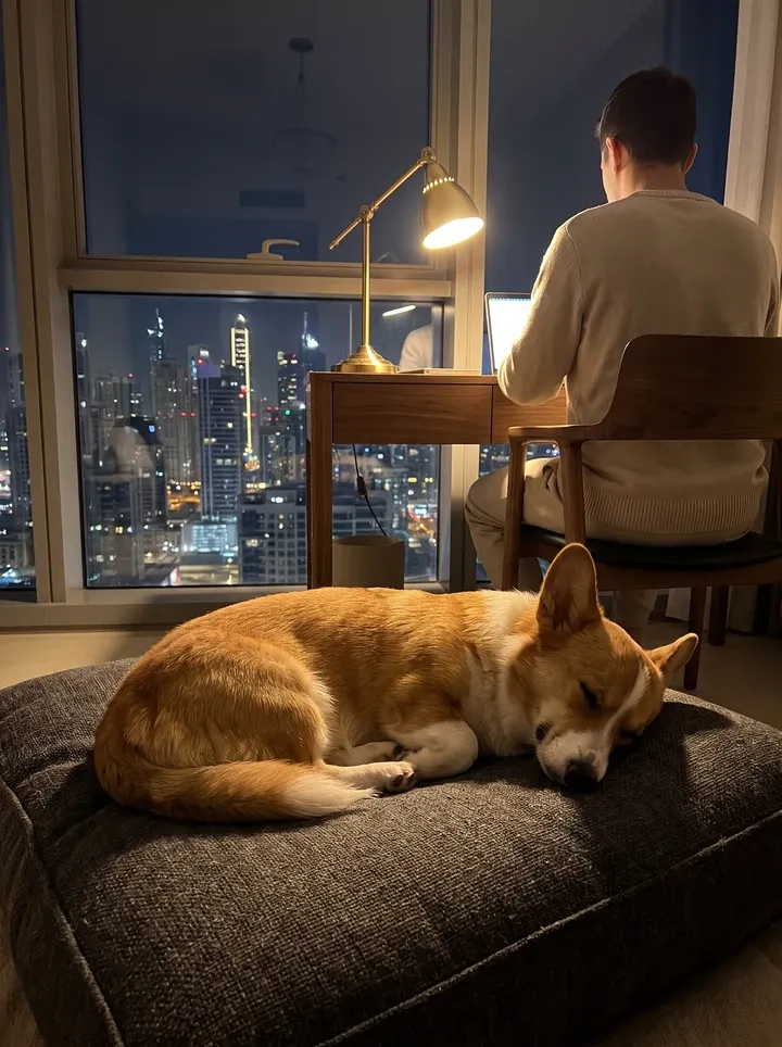 Pembroke Welsh Corgi in Dubai, asleep on a floor cushion as a pet parent works at a desk at night, towers beyond