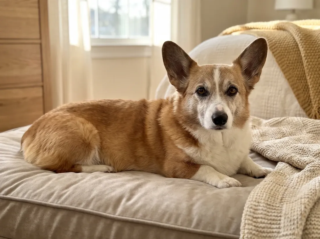 Pembroke Welsh Corgi, an older red and white dog with a greying face resting on a padded bed