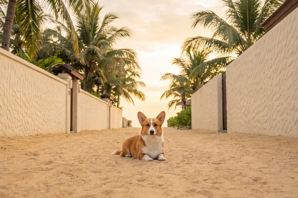 Pembroke Welsh Corgi history, the breed today, a red and white adult lying on a sandy Dubai villa path