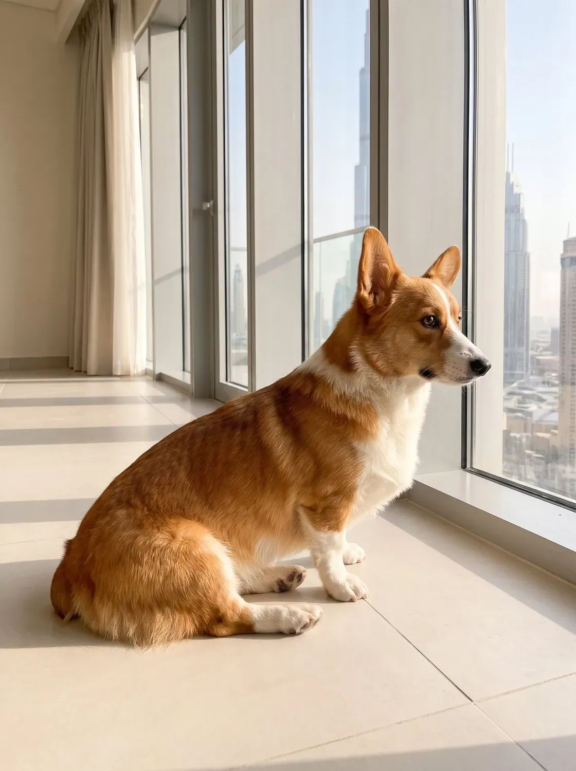 Pembroke Welsh Corgi in Dubai, a red and white adult sitting on cool tiles by tall windows, towers outside