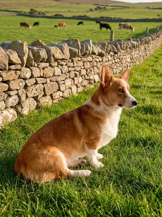 Pembroke Welsh Corgi, a red and white adult sitting in a green pasture by a dry stone wall, cattle beyond