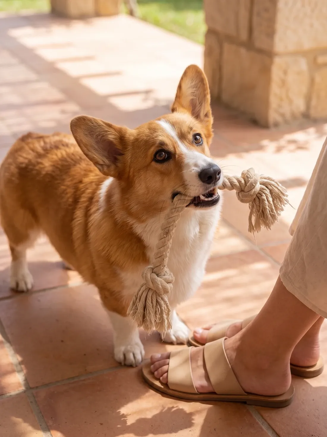 Pembroke Welsh Corgi, a red and white adult holding a rope toy beside a pet parent's sandalled feet