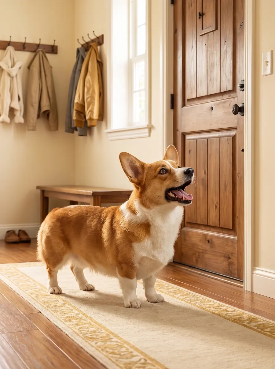 Pembroke Welsh Corgi, a red and white adult barking at the front door in a hallway