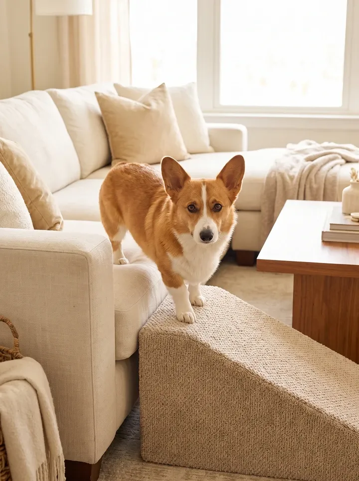 Pembroke Welsh Corgi, a red and white adult at the top of a carpeted ramp beside a linen sofa
