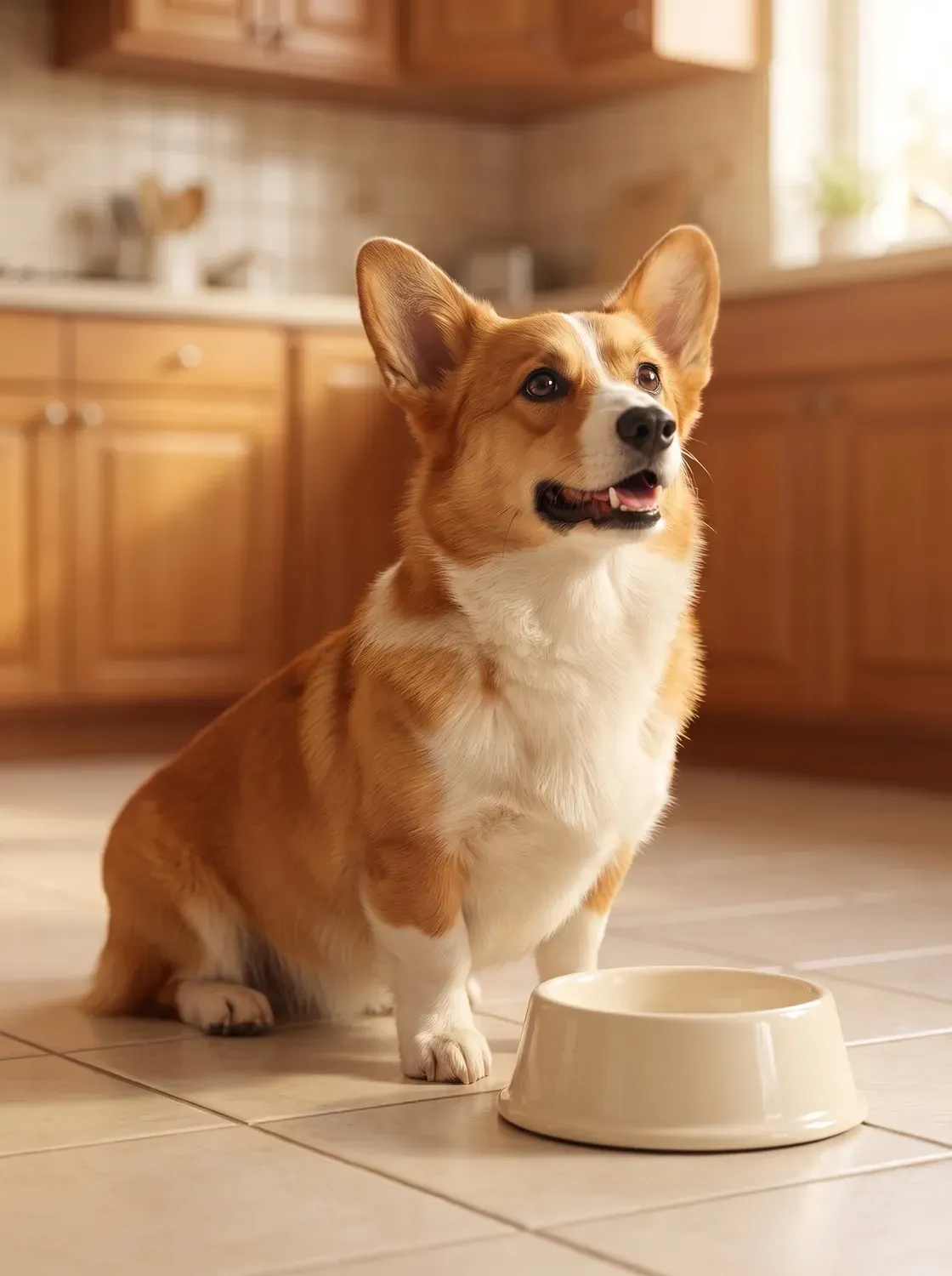 Pembroke Welsh Corgi, a red and white adult sitting by an empty food bowl on a kitchen floor, looking up
