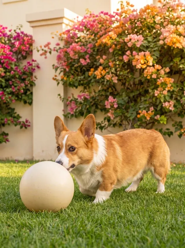 Pembroke Welsh Corgi, a red and white adult nosing a large herding ball across a lawn by bougainvillea