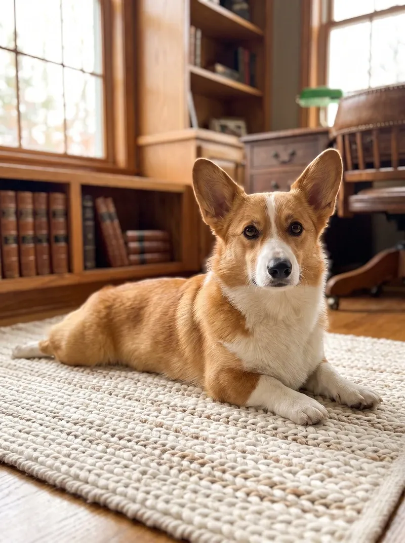 Pembroke Welsh Corgi, a red and white adult lying in a sploot on a woven mat in a quiet study