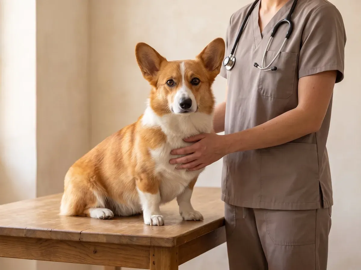 Pembroke Welsh Corgi, a red and white adult on a timber table, a vet in taupe scrubs with a hand on the chest