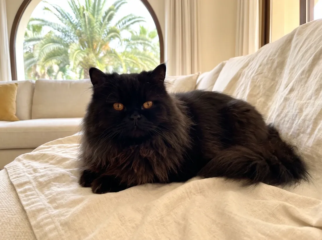 Persian in Dubai, a black cat lying on a linen throw, palms through an arched window
