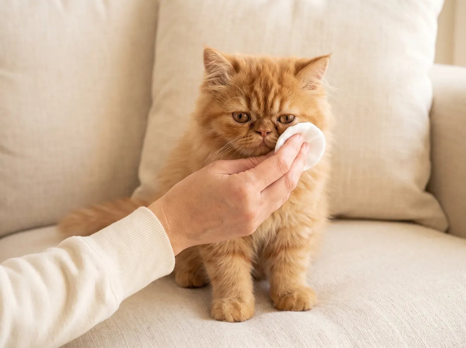 Persian, a red kitten having its eye wiped gently with a cotton pad
