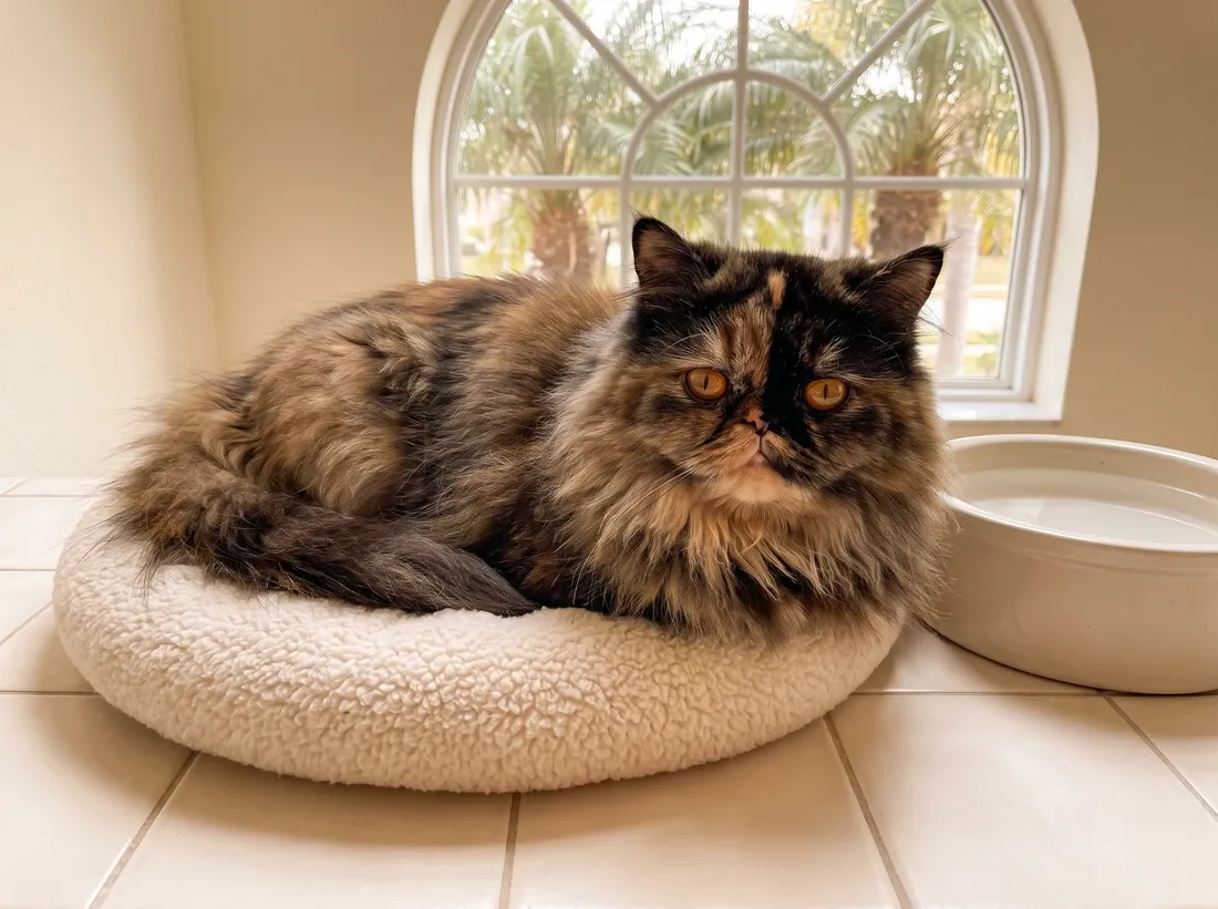 Persian in Dubai, a tortoiseshell cat in a cat bed by a water bowl, palms outside