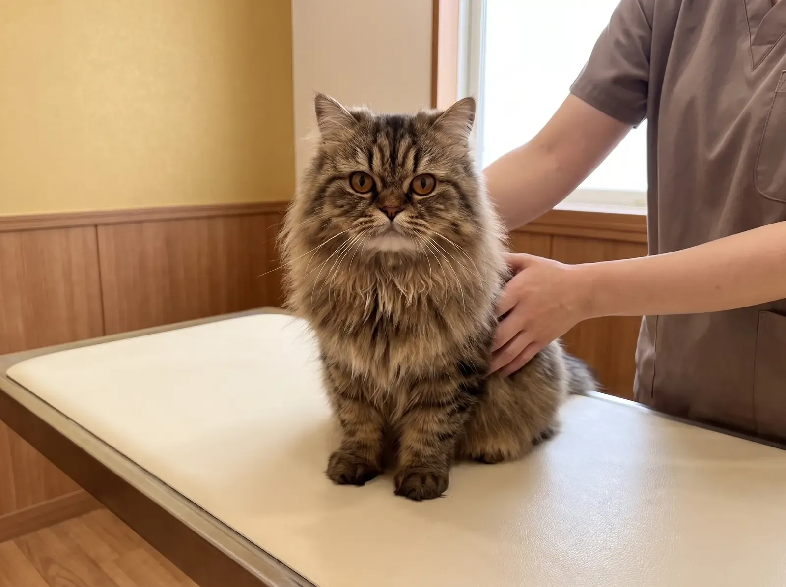 Persian, a brown tabby cat sitting on a consultation table, steadied by a vet's hands