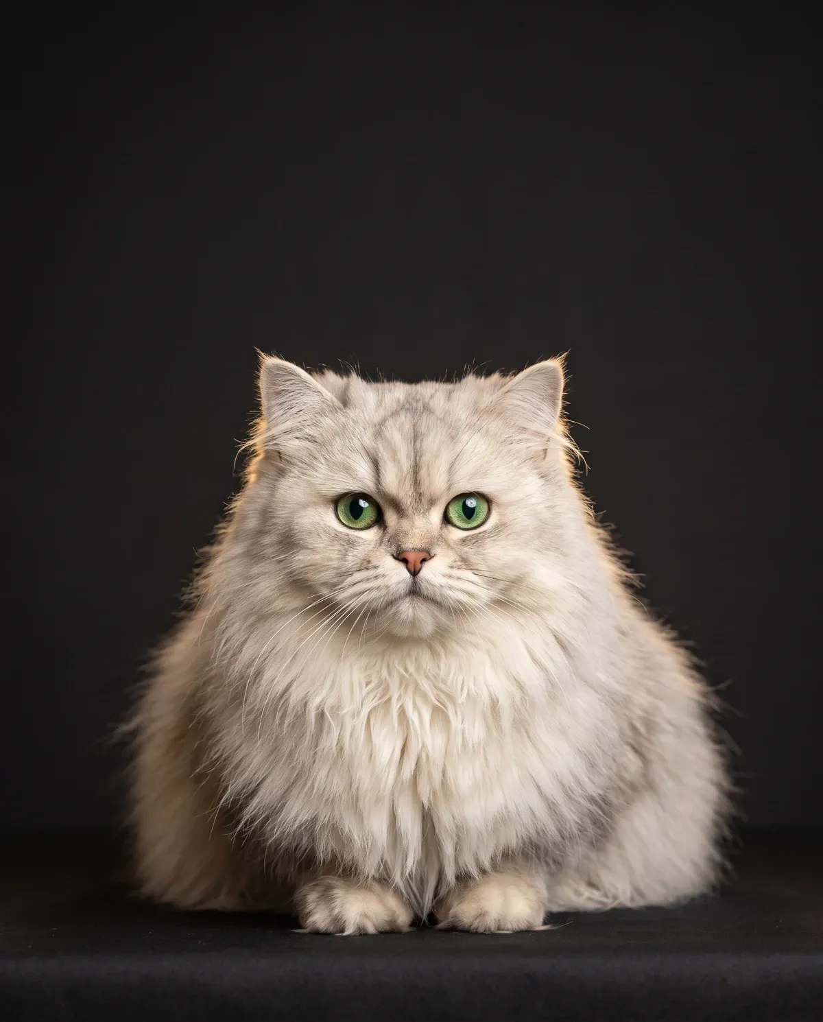 Persian in Dubai, studio portrait of a calm silver chinchilla adult sitting