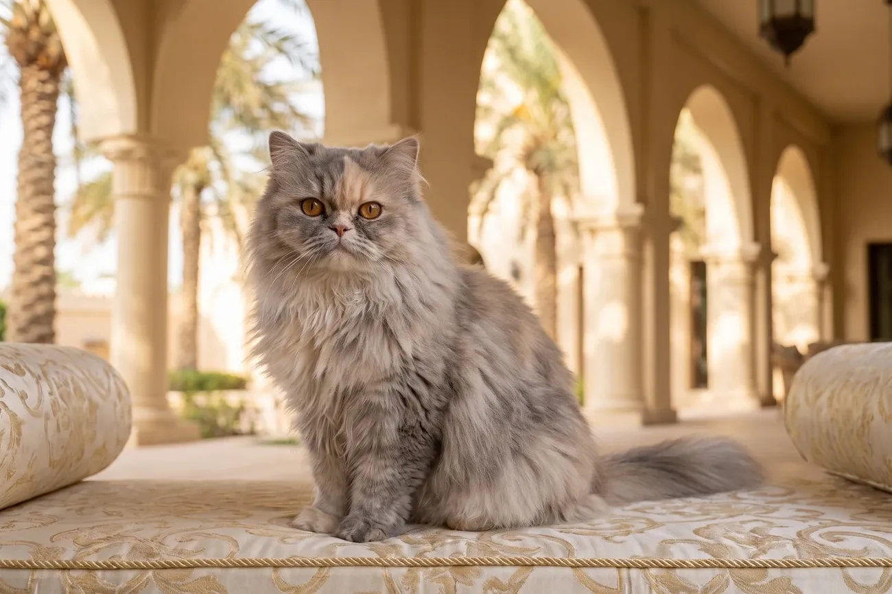Persian history, the breed today, a blue-cream cat on a shaded terrace bench under palms, Dubai, 2026