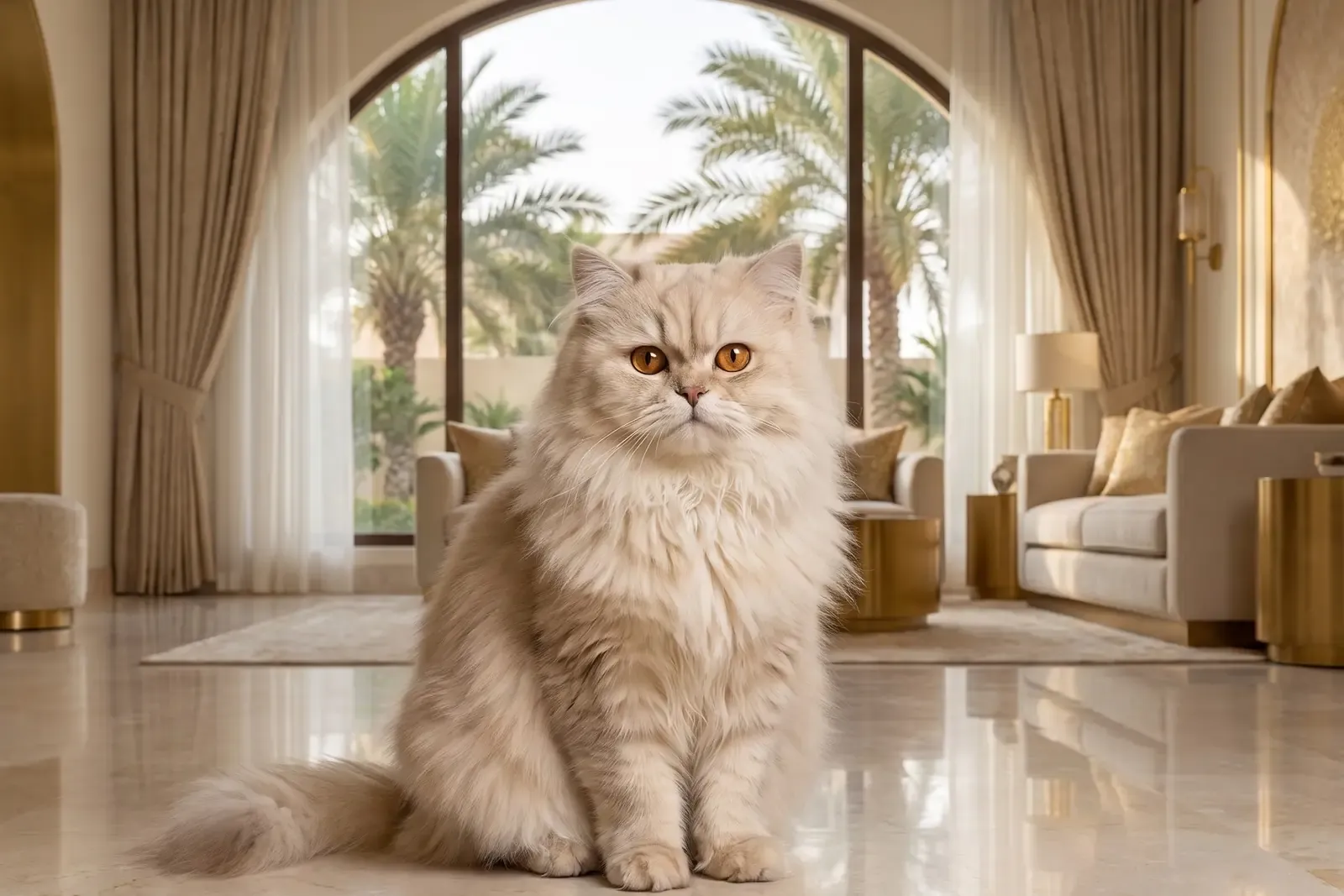 Persian history, the breed today, a cream cat on a marble floor by an arched window, Dubai, 2026
