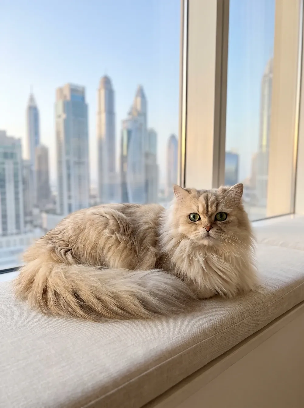 Persian in Dubai, a shaded golden cat on a window seat, the skyline behind