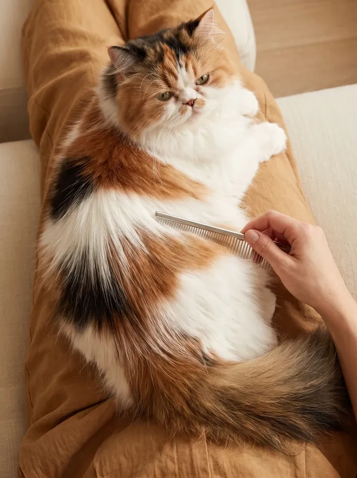 Persian, a calico cat lying on a lap while a metal comb runs through the coat