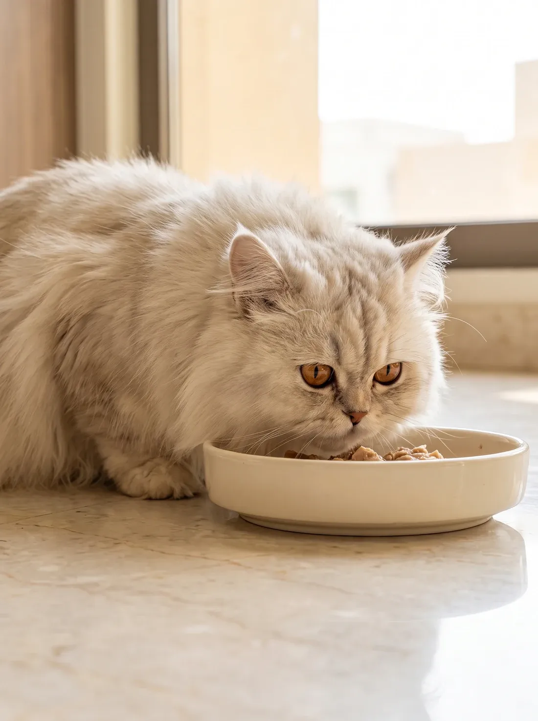 Persian, a cream cat eating from a wide, shallow dish on a marble kitchen floor