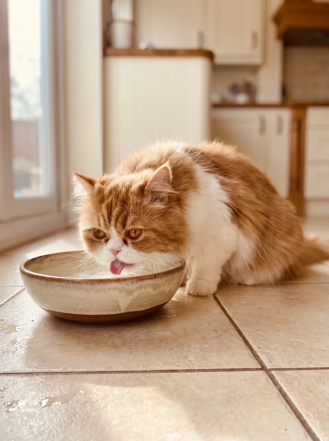 Persian, a red and white cat drinking from a wide bowl on a tiled kitchen floor