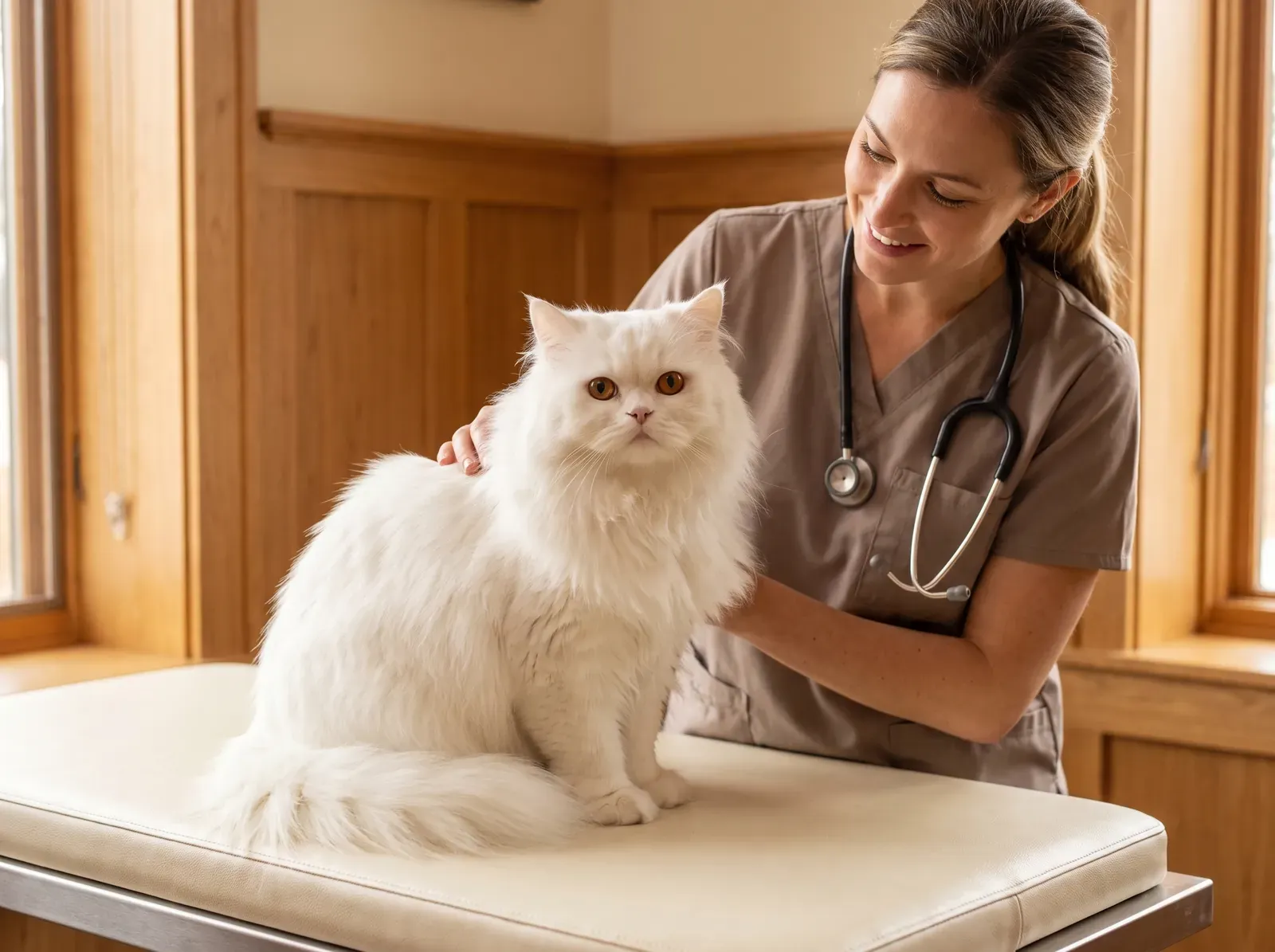 Persian, a white cat on a padded table, a vet in taupe scrubs resting a hand on their back