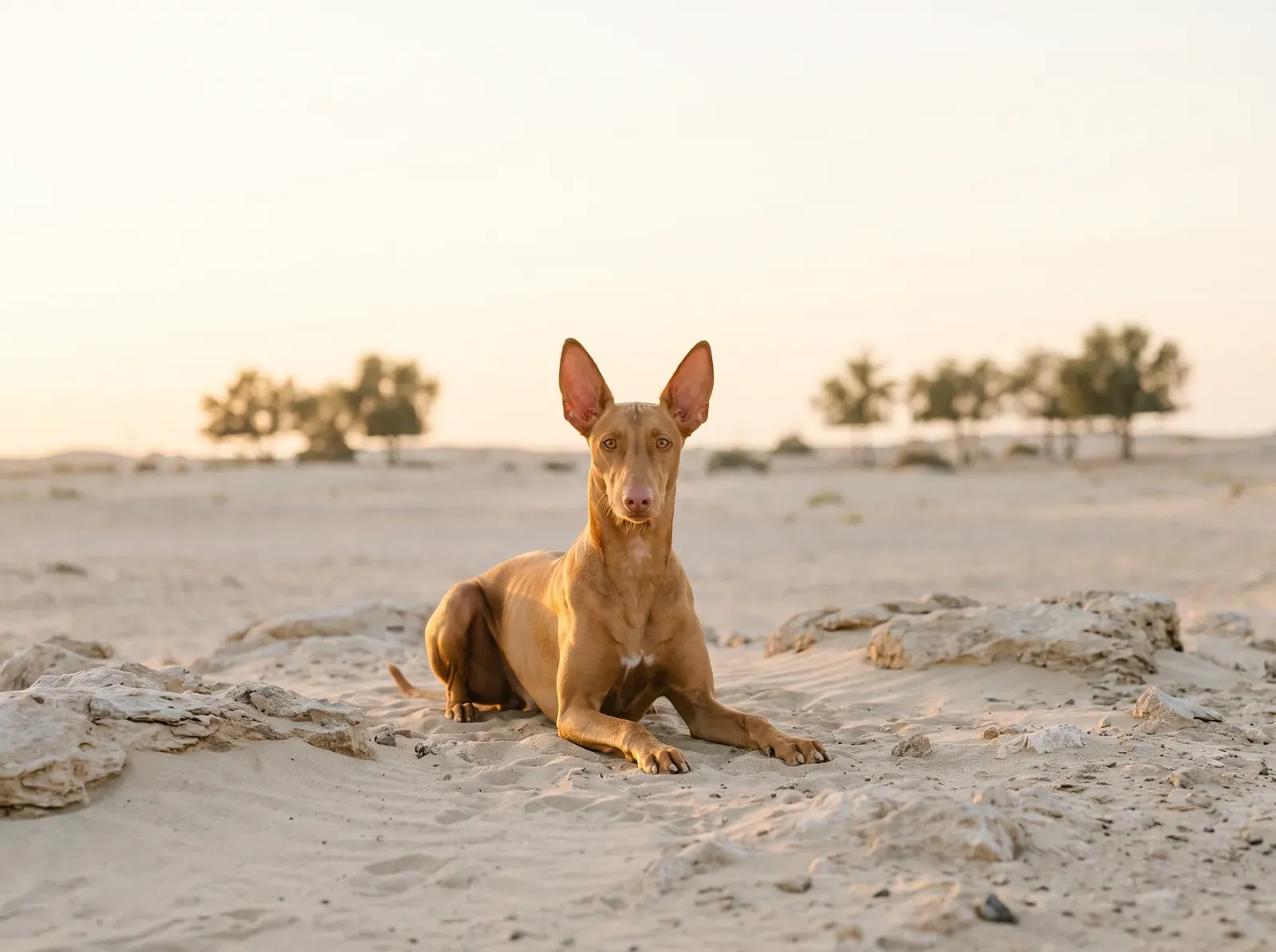 Pharaoh Hound in Dubai, a pale tan adult lying with head up on desert sand among low rocks at dawn, ghaf trees behind