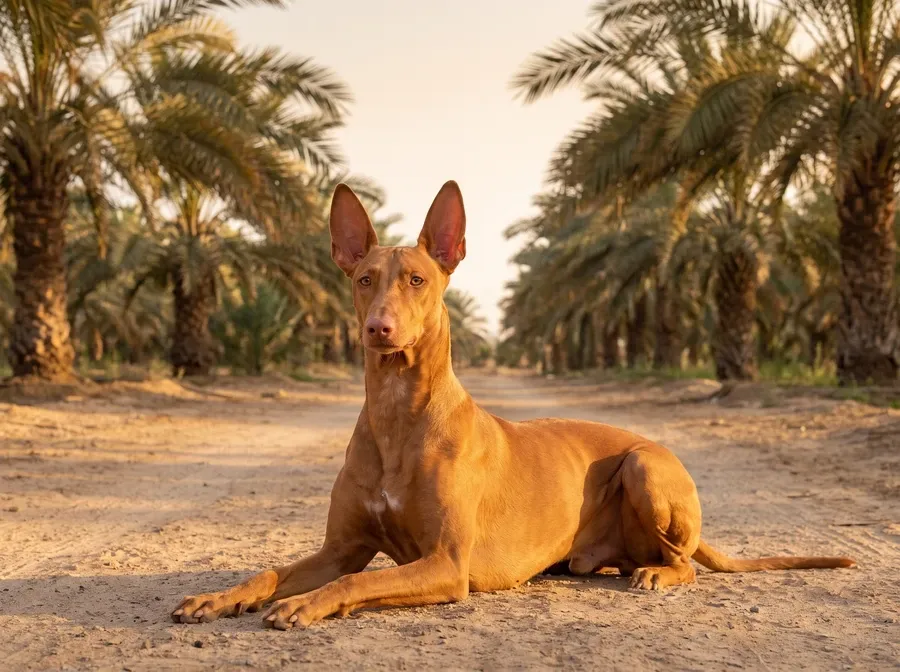 Pharaoh Hound in Dubai, a golden tan adult lying with head up on a sandy path between date palms at dawn