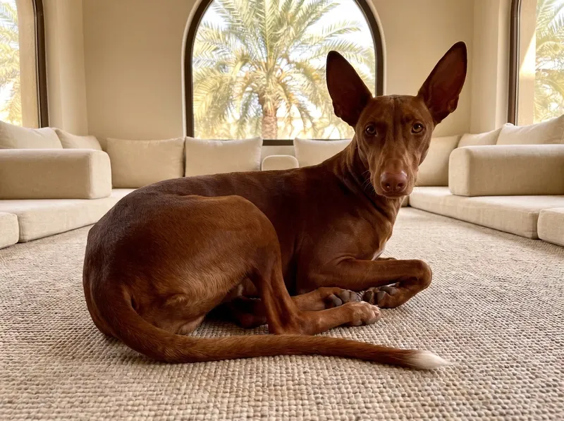 Pharaoh Hound in Dubai, a deep chestnut adult with a white tail tip on a rug in a majlis, palms outside