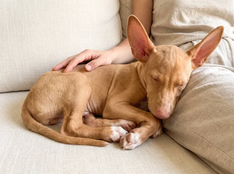 Pharaoh Hound, a tan puppy asleep on a linen sofa against a pet parent, a hand on their back