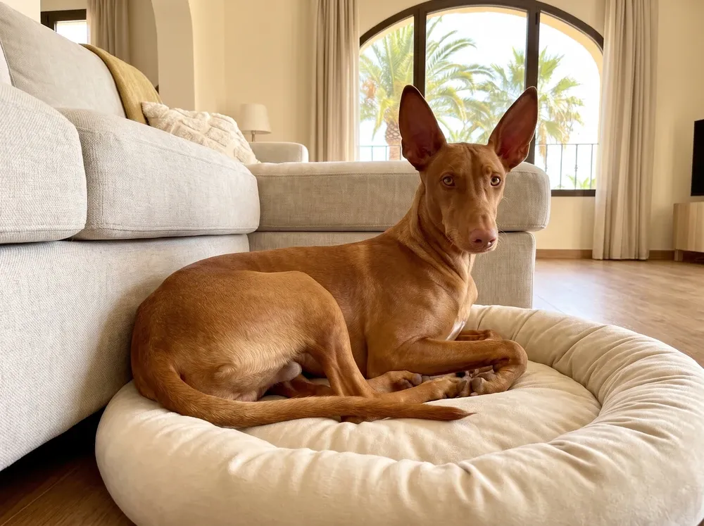 Pharaoh Hound in Dubai, a young red-tan dog on a round bed beside a sofa, palms through an arched window