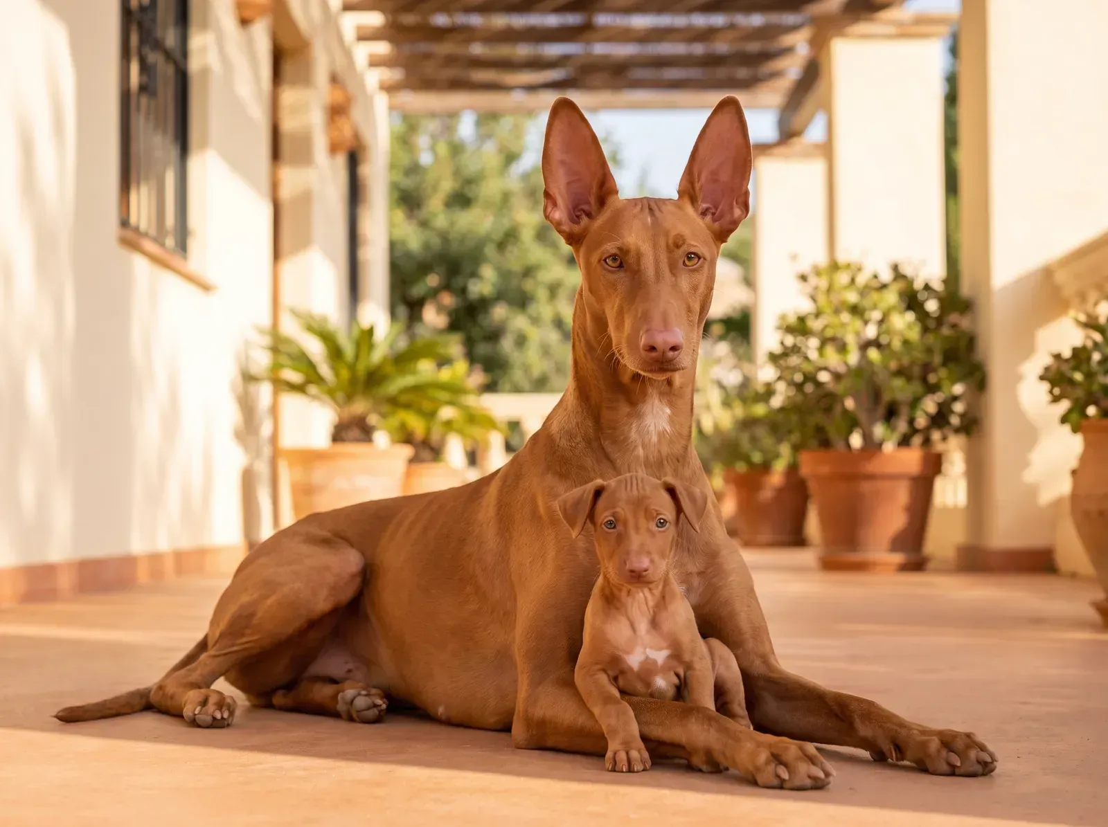 Pharaoh Hound, a red chestnut mother lying on a shaded villa terrace, one puppy between the front paws
